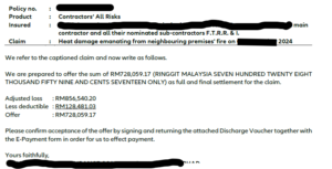 Contractor all risk insurance claim settlement document construction damage